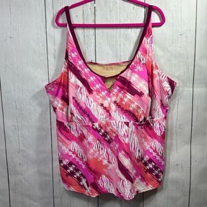 Swimsuits For All Pink Abstract Tankini Top Size 34 Plus Beach Vacation Tropical
